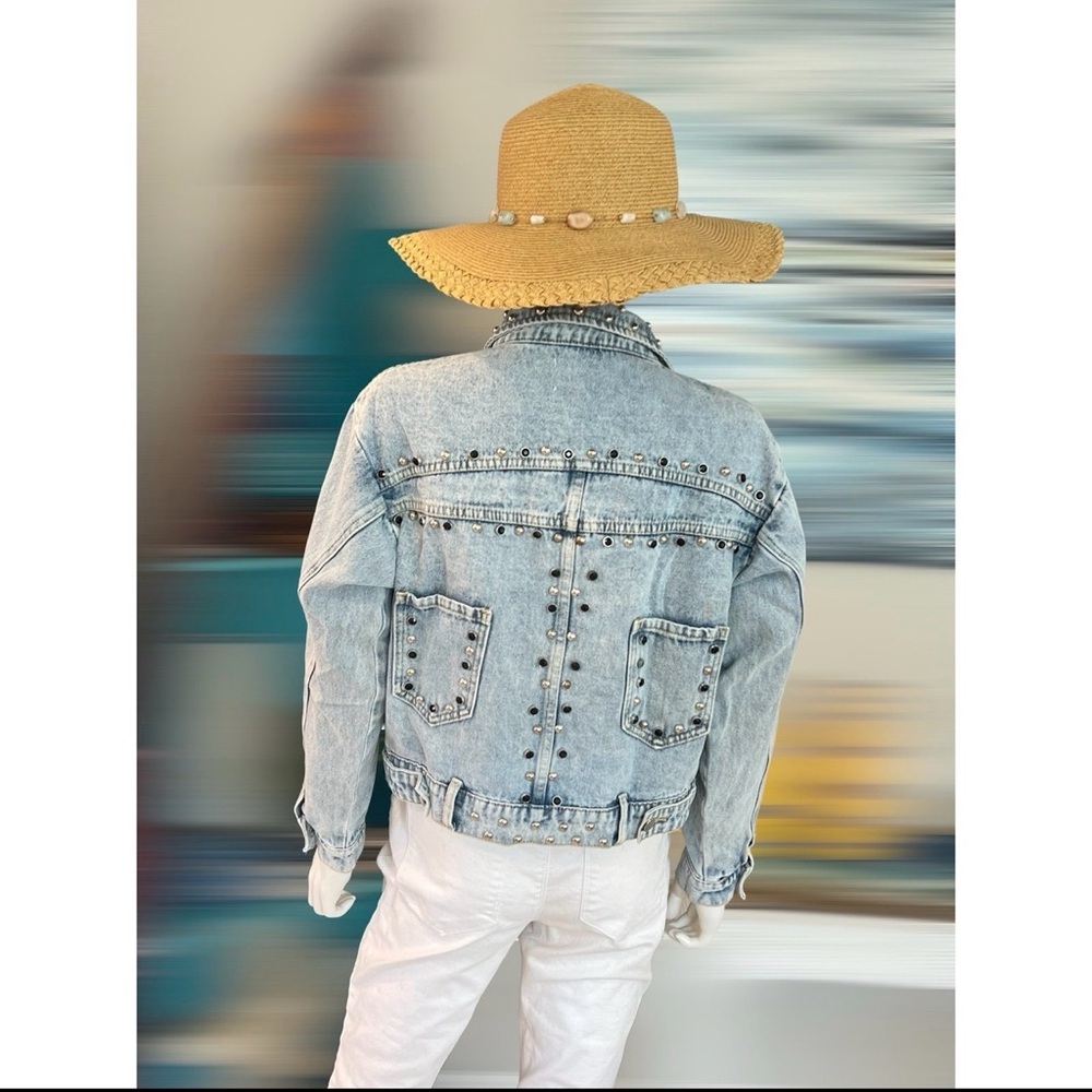 GALITA denim stud crop jean jacket M L - Picture 4 of 8